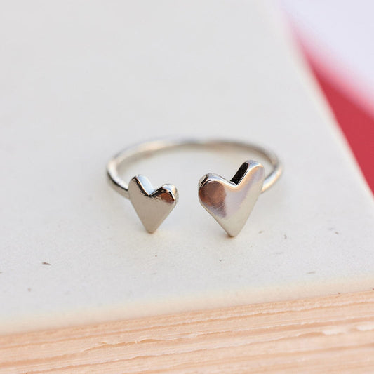 PURA VIDA TWO HEARTS OPEN RING SILVER