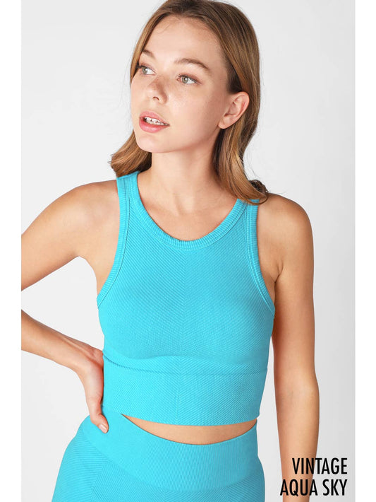 NIKIBIKI Vintage Chevron Ribbed High Neck Crop Top Aqua Sky