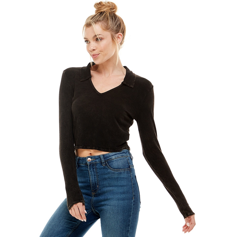 T PARTY MINERAL LONG SLEEVE CROP TOP BLACK