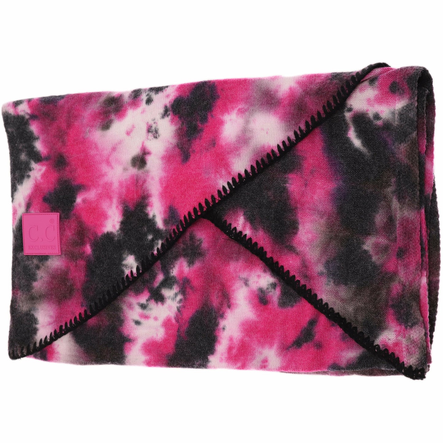 SALE CC BEANIE Tie Dye Scarf with Rubber Patch BLACK/HOT PINK