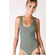 NIKIBIKI  Ribbed V Neck Bodysuit Velvet Sage