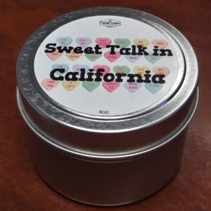 SALE HOMETOWN CANDLES "LOVE IN CALIFORNIA " CONVERSATION HEARTS CANDLE  4 OUNCE TIN
