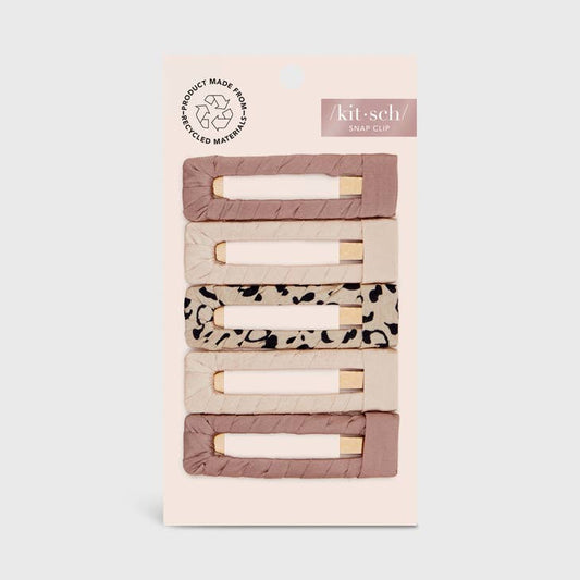 KITSCH SATIN WRAPPED SNAP CLIP 5PC NEUTRAL & LEOPARD